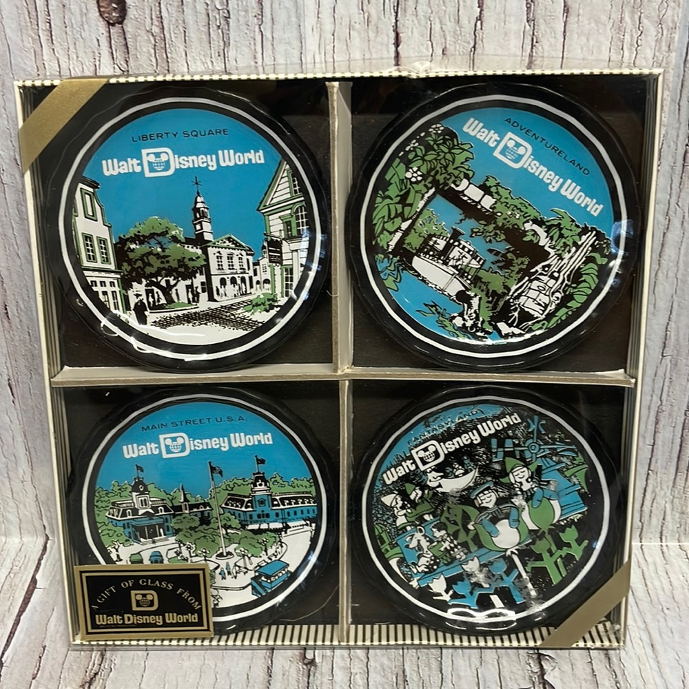 Vintage Walt Disney World Glass Coaster Set – 4 Piece Collectible